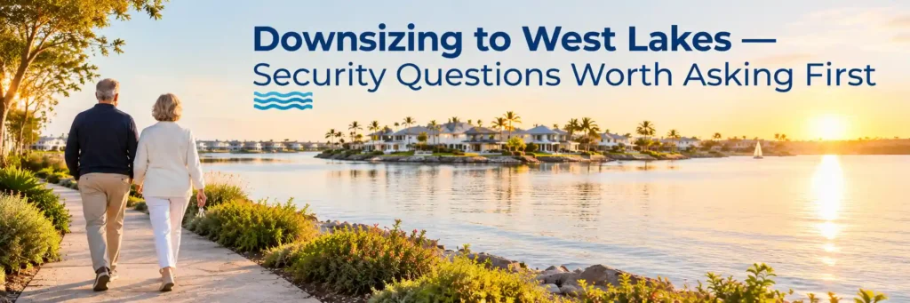 Older couple walking beside the West Lakes waterfront while considering home security