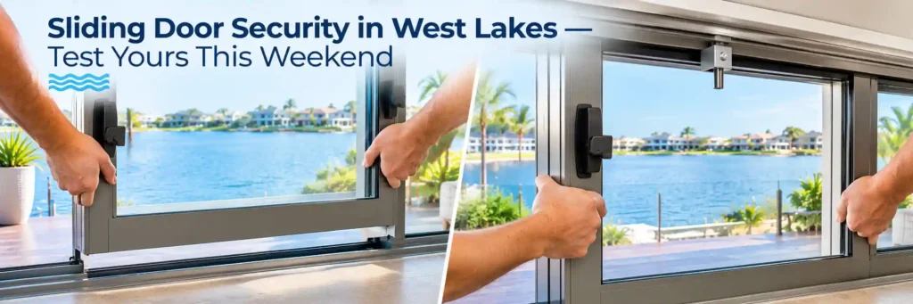 Sliding glass door security lift test with anti-lift device in a West Lakes waterfront home