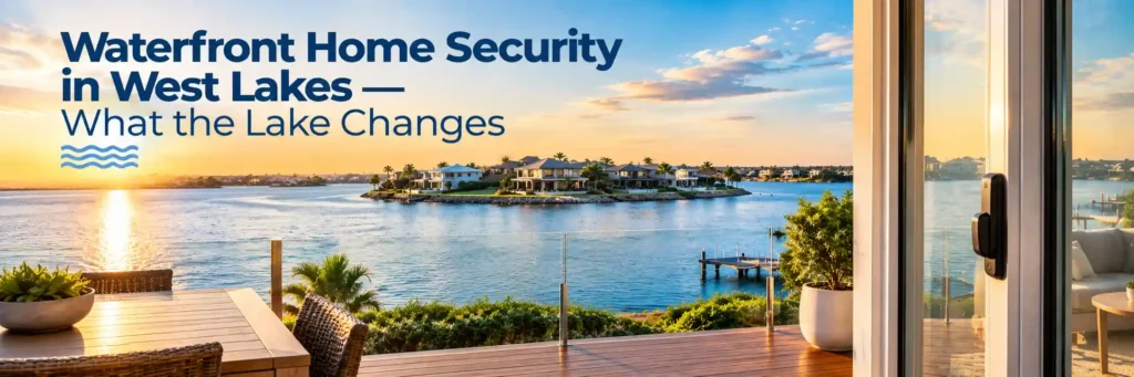 Waterfront home security in West Lakes with a sliding glass door overlooking the lake